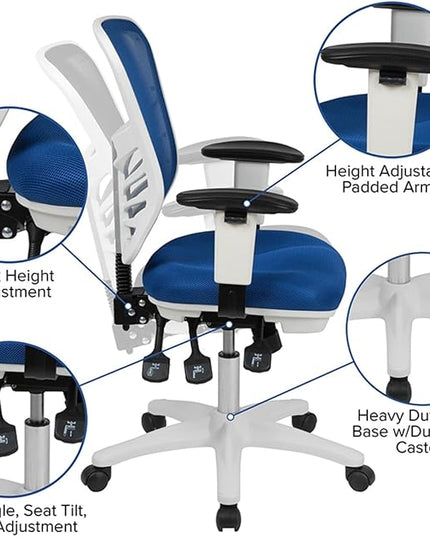 Flash Furniture Nicholas Mid-Back Blue Mesh Multifunction Executive Swivel Ergonomic Office Chair with Adjustable Arms and White Frame - LeafyLoom