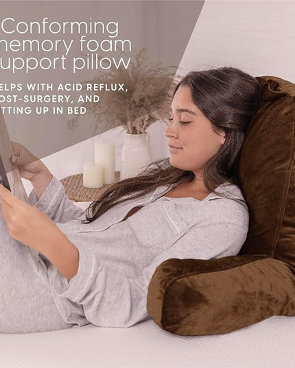 Milliard Reading Pillow with Shredded Memory Foam, Large Adult Backrest with Arms, Back Support for Sitting Up in Bed with Washable Cover (Sit up Pillow) Brown - LeafyLoom