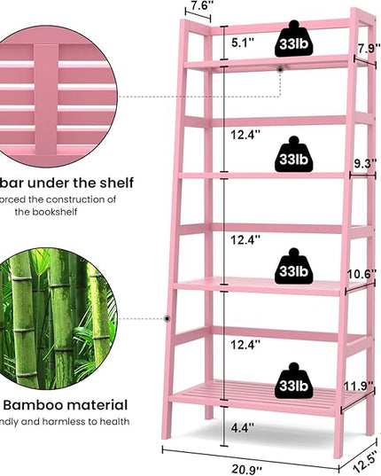Homykic Bamboo Ladder Bookshelf, 4-Tier Ladder Shelf Open Book Shelf Freestanding Bookcase Bathroom Storage Rack Plant Stand for Living Room, Bedroom, Office, Easy Assembly, Pink - LeafyLoom