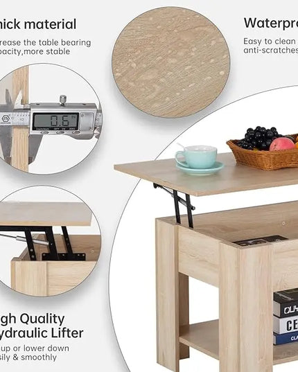 FDW Lift Top Coffee Table with Hidden Compartment and Storage Shelf Wooden Lift Tabletop for Home Living Room Reception Room Office (Natural) - LeafyLoom