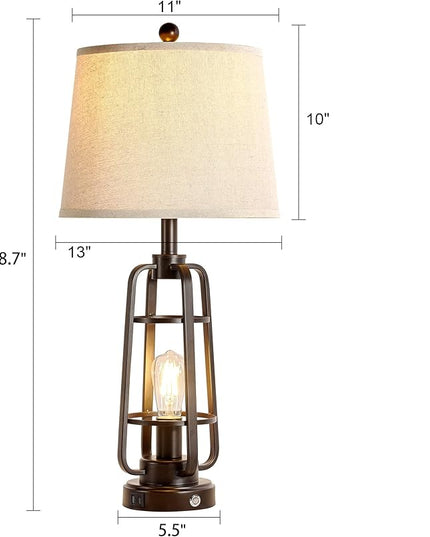 28.7" Farmhouse Table Lamps for Living Room Set of 2, 3-Way Dimmable Touch Lamps with USB A+C Ports, Rustic Industrial Nightstand Lamps for Bedroom, Bulbs Included - LeafyLoom
