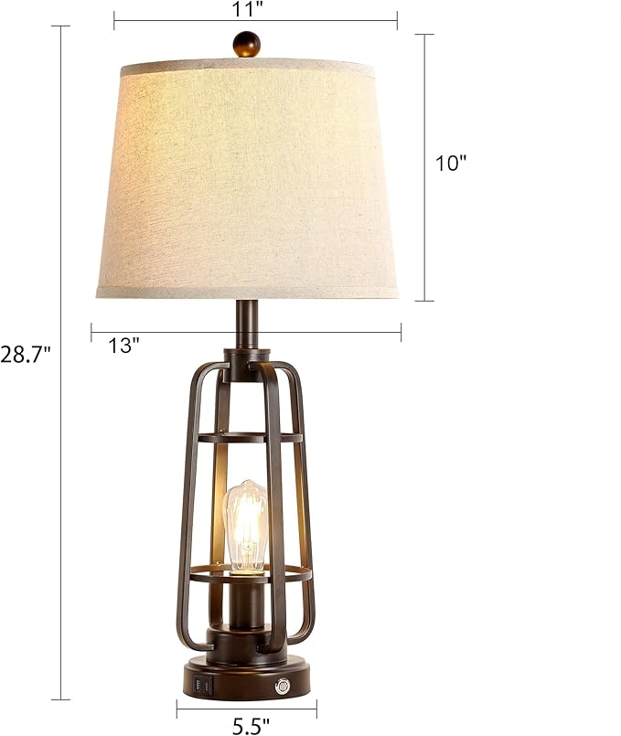 28.7" Farmhouse Table Lamps for Living Room Set of 2, 3-Way Dimmable Touch Lamps with USB A+C Ports, Rustic Industrial Nightstand Lamps for Bedroom, Bulbs Included - LeafyLoom
