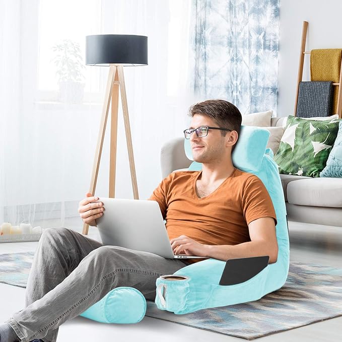 Clara Clark Reading Pillow, Large Back Pillow for Sitting Up in Bed, Memory Foam Back Support Pillow, Reading Pillows for Sitting in Bed Adult, Light Blue Sit Up Pillow for Bed with Arms and Pockets - LeafyLoom