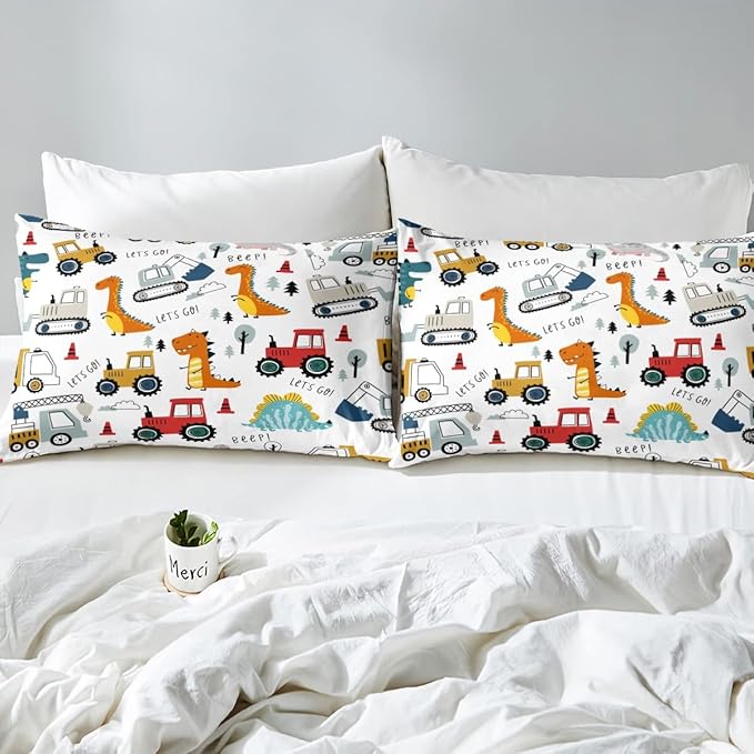 Feelyou Construction Comforter Set Kids Cartoon Dinosaur Comforter Cover Set for Boys Equipment Trucks Bedding Set Construction Vehicles Kawaii Jungle Dino Duvet Set Room Decor Quilt Set King Size - LeafyLoom