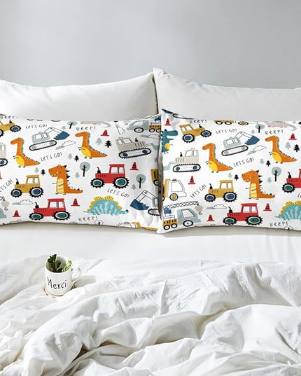 Feelyou Construction Comforter Set Kids Cartoon Dinosaur Comforter Cover Set for Boys Equipment Trucks Bedding Set Construction Vehicles Kawaii Jungle Dino Duvet Set Room Decor Quilt Set Full Size - LeafyLoom