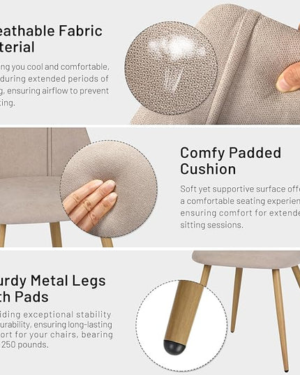 FurnitureR Dining Chairs Set of 2, Fabric Side Chairs Upholstered Living Room Accent Chair with Soft Seat/Metal Legs, Mid-Back Armless Chairs for Home Kitchen Restaurant, Beige - LeafyLoom
