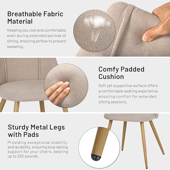 FurnitureR Dining Chairs Set of 2, Fabric Side Chairs Upholstered Living Room Accent Chair with Soft Seat/Metal Legs, Mid-Back Armless Chairs for Home Kitchen Restaurant, Beige - LeafyLoom