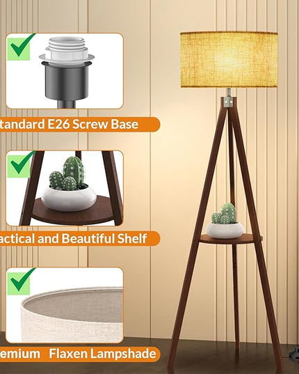 LEPOWER Tripod Floor Lamp, Mid Century Wood Standing Lamp, Modern Design Shelf Floor Lamp for Living Room, Bedroom, Office, Flaxen Lamp Shade with E26 Lamp Base Walnut - LeafyLoom
