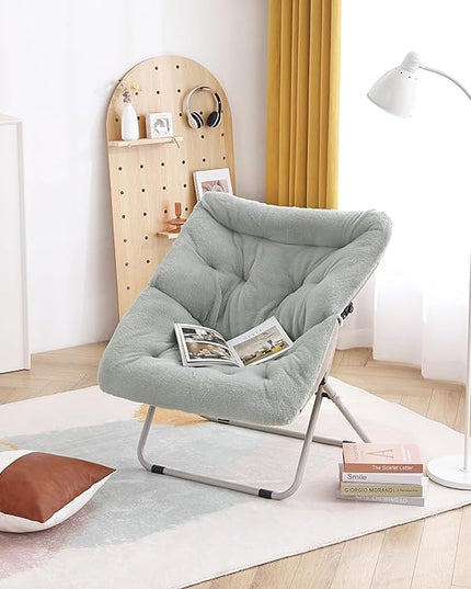 Tiita Comfy Saucer Chair, Soft Faux Fur Oversized Folding Accent Chair, Lounge Lazy Chair for Kids Teens Adults, Metal Frame Moon Chair for Bedroom, Living Room, Dorm Rooms - LeafyLoom
