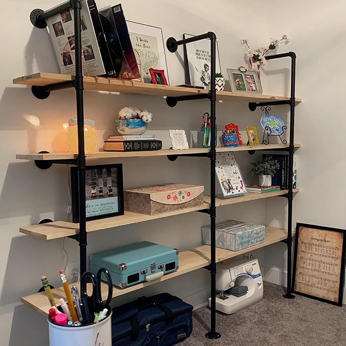 HITOMEN Industrial Iron Pipe Shelves, 3 Set 5-Tier, 70" Tall, 12" Depth, DIY Open Bookshelf Bookcase, Wall Mounted Vintage Retro Shelving, Rustic Farmhouse Pantry Kitchen Storage, Black Shelf Brackets - LeafyLoom
