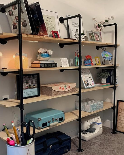 HITOMEN Industrial Iron Pipe Shelves, 2 Set 5-Tier, 70" Tall, 12" Depth, DIY Open Bookshelf Bookcase, Wall Mounted Vintage Retro Shelving, Rustic Farmhouse Pantry Kitchen Storage, Black Shelf Brackets - LeafyLoom