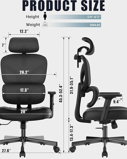 Office Chair, Ergonomic Desk Chair, High Back Desk Chair, Big and Tall Reclining Comfy Home Office Chair with Lumbar Support Breathable Mesh Computer Chair Adjustable Armrests - LeafyLoom