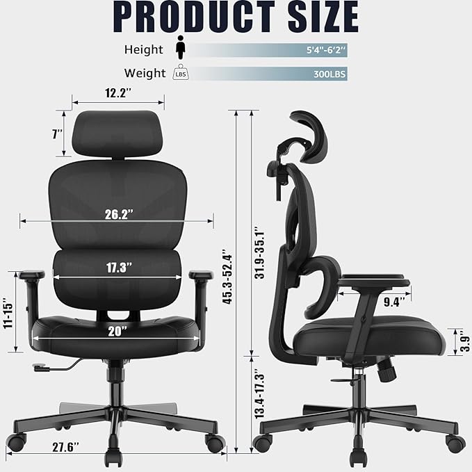 Office Chair, Ergonomic Desk Chair, High Back Desk Chair, Big and Tall Reclining Comfy Home Office Chair with Lumbar Support Breathable Mesh Computer Chair Adjustable Armrests - LeafyLoom