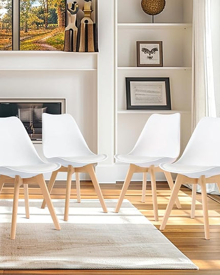 CangLong, White Modern Set, Shell Chair with Wood Legs for Kitchen, Dining, Living Room-Set of 4, Pack of 4 - LeafyLoom