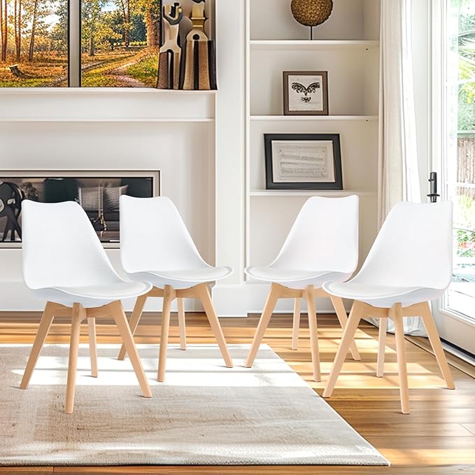 CangLong, White Modern Set, Shell Chair with Wood Legs for Kitchen, Dining, Living Room-Set of 4, Pack of 4 - LeafyLoom