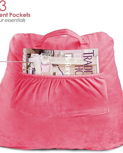 Clara Clark Reading Pillow for Kids, Small Back Pillow for Sitting Up in Bed, Memory Foam Back Support Pillow, Reading Pillows for Sitting in Bed, Light Pink Gaming Pillow with Arms and Pockets - LeafyLoom