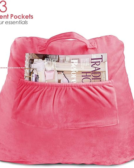 Clara Clark Reading Pillow, Standard Back Pillow for Sitting Up in Bed, Memory Foam Back Support Pillow, Reading Pillows for Sitting in Bed, Light Pink Sit Up Pillow for Bed, Arm Pillow with Pockets - LeafyLoom