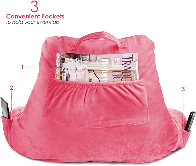 Clara Clark Reading Pillow, Standard Back Pillow for Sitting Up in Bed, Memory Foam Back Support Pillow, Reading Pillows for Sitting in Bed, Light Pink Sit Up Pillow for Bed, Arm Pillow with Pockets - LeafyLoom