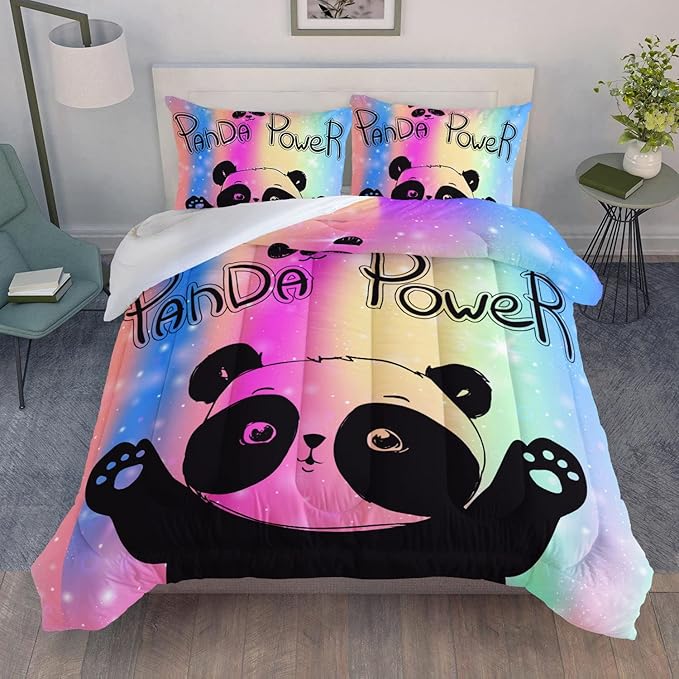 Datura home Bedding Comforter Set Rainbow Kawaii Cute Panda Printed Pattern with 1 and 2 Pillowcases for Girls Bedroom All Season(Panda Twin) Twin 68x86inches - LeafyLoom