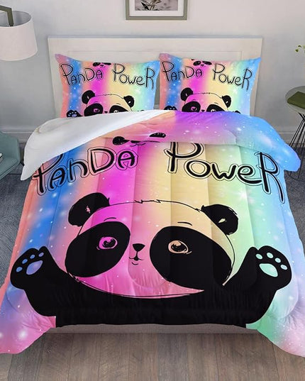 Datura home Bedding Comforter Set Rainbow Kawaii Cute Panda Printed Pattern with 1 and 2 Pillowcases for Girls Bedroom All Season(Panda Full) Full 80x90inches - LeafyLoom