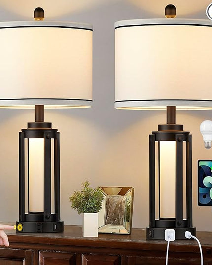 25" Modern Table Lamps Set of 2, Industrial Beside Lamps with USB A+C Charging Ports & AC Outlet, Nightstand Lamp with Glass Night Light for Living Room Bedroom End Table Decor White(4 Bulbs Included) - LeafyLoom