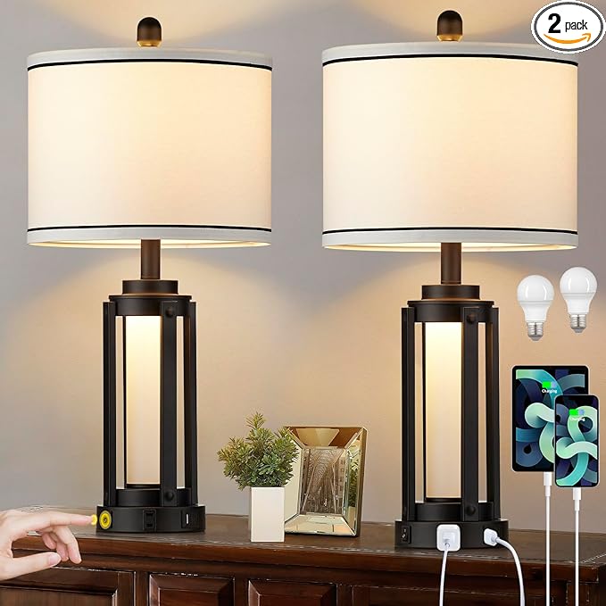 25" Modern Table Lamps Set of 2, Industrial Beside Lamps with USB A+C Charging Ports & AC Outlet, Nightstand Lamp with Glass Night Light for Living Room Bedroom End Table Decor White(4 Bulbs Included) - LeafyLoom