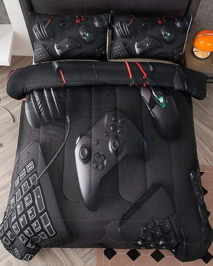 boys Gamer Comforter Set King Size,Gaming Comforter Set for Boys Kids Teens,Gamer Bedding Sets,3D Gaming Microfiber Quilts Gaming Room Decor All Season,Black - LeafyLoom