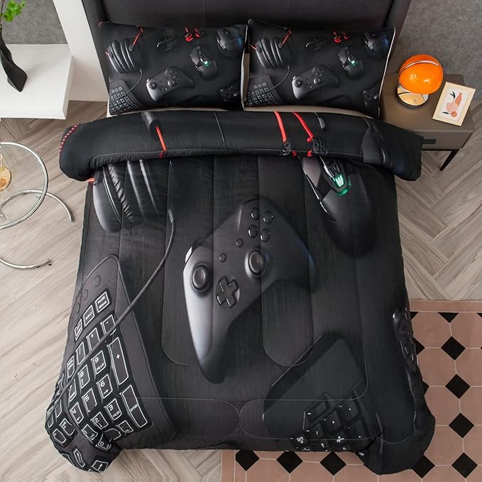 boys Gamer Comforter Set King Size,Gaming Comforter Set for Boys Kids Teens,Gamer Bedding Sets,3D Gaming Microfiber Quilts Gaming Room Decor All Season,Black - LeafyLoom
