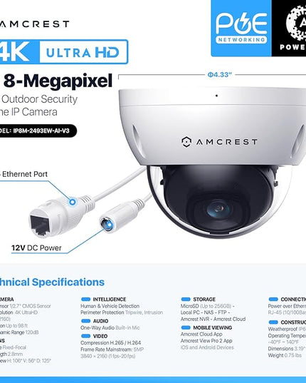 Amcrest UltraHD 4K (8MP) Outdoor Security POE IP Camera, 3840x2160, 98ft NightVision, 2.8mm Lens, IP67 Weatherproof, IK10 Vandal Resistant Dome, MicroSD Recording, White (IP8M-2493EW) Amcrest