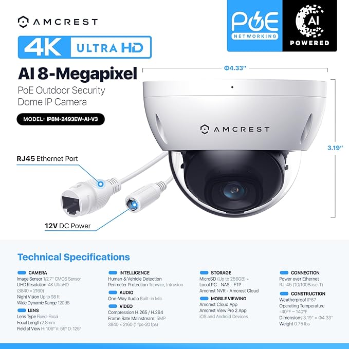 Amcrest UltraHD 4K (8MP) Outdoor Security POE IP Camera, 3840x2160, 98ft NightVision, 2.8mm Lens, IP67 Weatherproof, IK10 Vandal Resistant Dome, MicroSD Recording, White (IP8M-2493EW) Amcrest