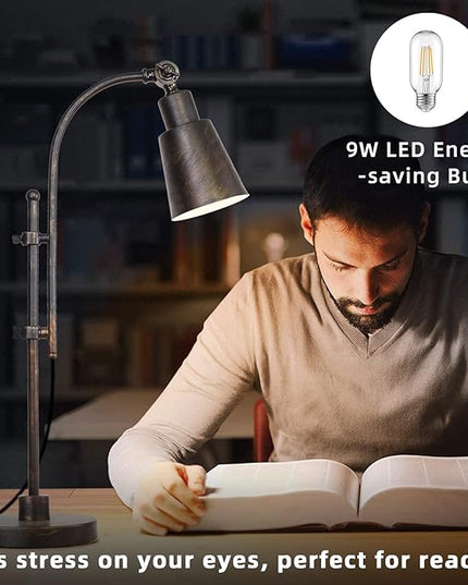 Metal Desk Lamp Rustic Task Lamp Black Adjustable, Industrial Style Lamp with On/Off Switch, Vintage Work Lamp, Reading Lamp for Bedroom, Study Room &Office, ETL Certificate. (Black01-3S) - LeafyLoom