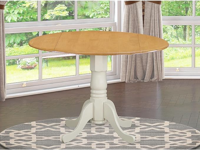 East West Furniture DLT-OLW-TP Dublin Modern Kitchen Table - a Round Dining Table Top with Dropleaf & Pedestal Base, 42x42 Inch, Oak & Linen White - LeafyLoom
