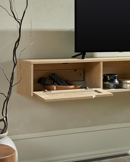 Walker Edison Modern Rattan Flip-Down-Door Wall-Mounted Floating Stand for TVs up to 65 Inche, 58 Inch, Coastal Oak - LeafyLoom