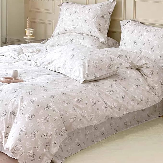 Nanko Beige Floral Comforter Set Queen Size 3 Pcs, Cream Tan Flower Print Pattern Soft Microfiber Down Alternative Duvet Insert, Farmhouse Bedding Sets Bed in a Bag for Women Men, 90 x 90 inch - LeafyLoom