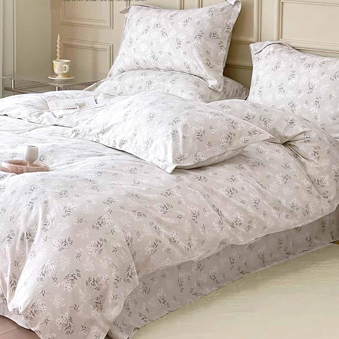 Nanko Beige Floral Comforter Set King Size 3 Pcs, Cream Tan Flower Print Pattern Soft Microfiber Down Alternative Duvet Insert, Farmhouse Bedding Sets Bed in a Bag for Women Men, 104 x 90 inch - LeafyLoom