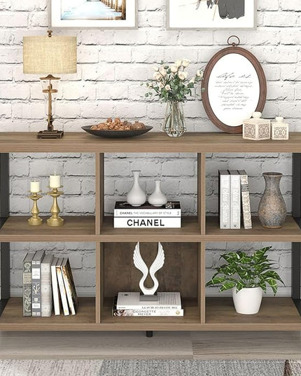 FOLUBAN 6 Cube Storage Organizer with Shelf, Industrial Horizontal Bookshelf, Low Cubby Bookcase for Living Room Bedroom, 47 Inch Oak - LeafyLoom