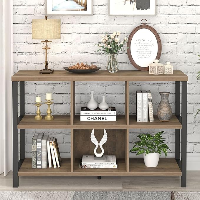 FOLUBAN 6 Cube Storage Organizer with Shelf, Industrial Horizontal Bookshelf, Low Cubby Bookcase for Living Room Bedroom, 47 Inch Oak - LeafyLoom