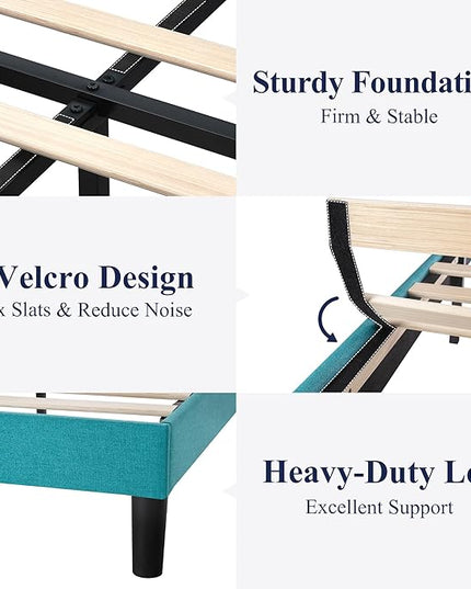Allewie Queen Bed Frame, Platform Bed Frame Queen Size with Upholstered Headboard, Modern Deluxe Wingback, Wood Slat Support, Mattress Foundation, Peacock Green - LeafyLoom
