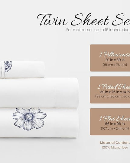 Linen Market 3 Piece Twin Bedding Sheet Set (Navy Blue Flowers) - Sleep Better Than Ever with These Ultra-Soft & Cooling Bed Sheets for Your Twin Size Bed - Deep Pocket Fits 16" Mattress - LeafyLoom