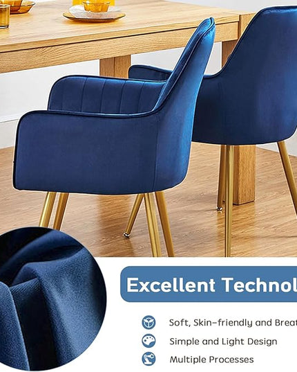 CangLong Furniture Modern Living Dining Room Accent Arm Chairs Club Guest with Gold Metal Legs, Set of 2, Navy Blue - LeafyLoom
