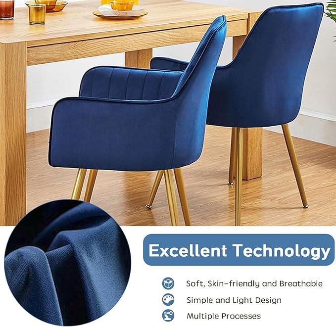 CangLong Furniture Modern Living Dining Room Accent Arm Chairs Club Guest with Gold Metal Legs, Set of 2, Navy Blue - LeafyLoom