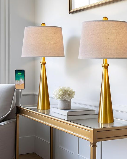 Oneach 25.75” Modern Table Lamps with USB Port Set of 2 Accent Gold Nightstand Lamp for Living Room Bedroom Office Antique Brass - LeafyLoom