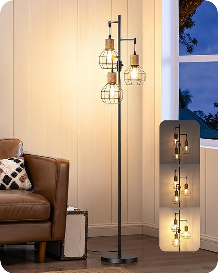 EDISHINE Dimmable Farmhouse Floor Lamp for Living Room, Industrial Black Standing Lamp with 3 LED Edison Bulbs, Corner Rustic Rattan Tall Tree Reading Lamps Home Decor for Bedroom, Office - LeafyLoom