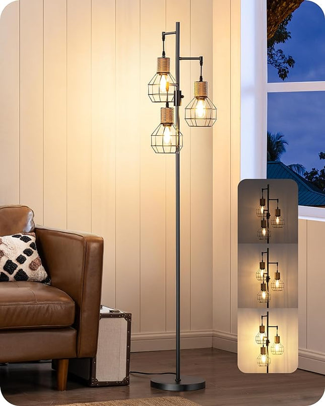 EDISHINE Dimmable Farmhouse Floor Lamp for Living Room, Industrial Black Standing Lamp with 3 LED Edison Bulbs, Corner Rustic Rattan Tall Tree Reading Lamps Home Decor for Bedroom, Office - LeafyLoom