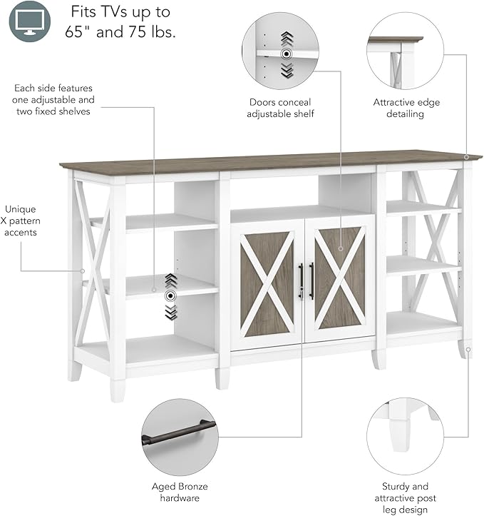 Bush KWV160G2W-03 Key West Tall TV Stand, Shiplap Gray/Pure White, Screens up to 65-Inch - LeafyLoom