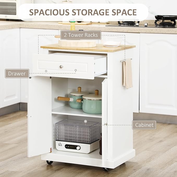 HOMCOM Rolling Kitchen Island Cart, Portable Serving Trolley Table with Drawer, Adjustable Shelf and 2 Towel Racks, Cream White - LeafyLoom