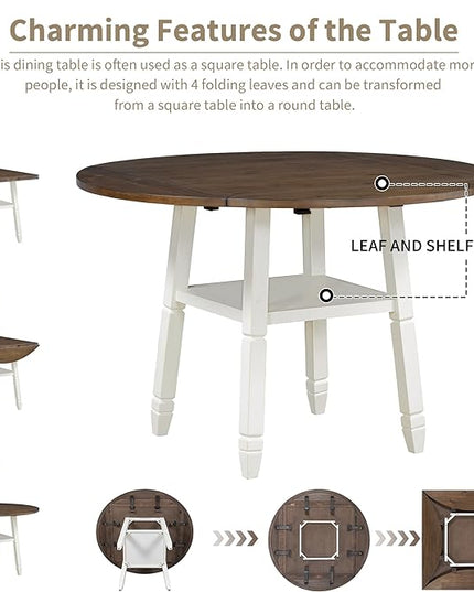 5-Piece Counter Height Round Set in 2 Table Sizes with 4 Folding Leaves and Upholstered Chairs for Dining Room (Espresso+White+Gray Cushion), 38"~54" L x 38"~54" W x 36.2" H - LeafyLoom