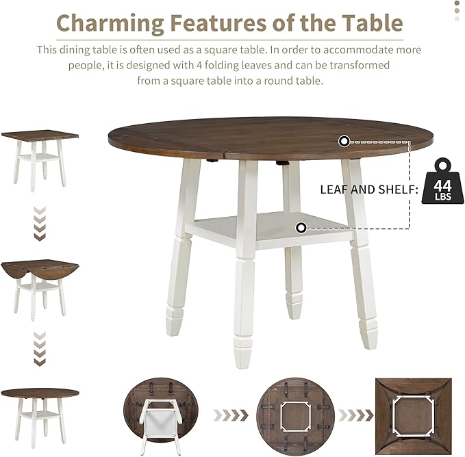 NicBex Dining Room Table Set for 4 Breakfast Nook Table Set 5-Piece Counter Height Dining Table Set in 2 Table Sizes with 4 Folding Leaves and 4 Upholstered Chairs for Dining Room, Espresso+White - LeafyLoom