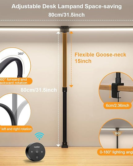 Double Head Desk Lamp LED Dimmable with Touch Remote Control, 80cm Architect Desk Light with Clamp, 24W Adjustable Gooseneck Office Light Monitor Light, 25 Lighting Modes for Study Reading, Black - LeafyLoom