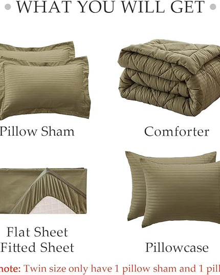 NexHome Queen Comforter Set, 7-Pieces Olive Green Bed in a Bag Queen Size Reversible Comforter All Season Soft Bedding Sets with Comforter, Flat Sheet, Fitted Sheet, Pillowcases & Shams - LeafyLoom